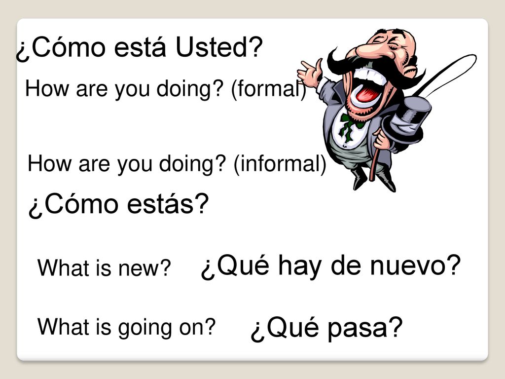 ¿Cómo está Usted ¿Cómo estás ¿Qué hay de nuevo ¿Qué pasa