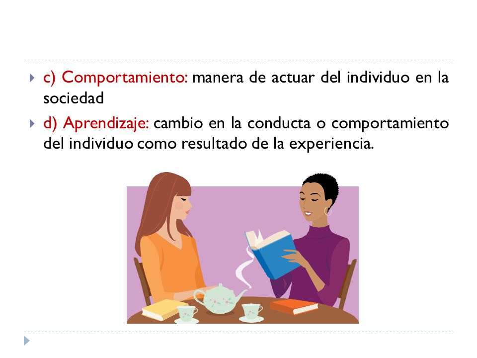 c) Comportamiento: manera de actuar del individuo en la sociedad
