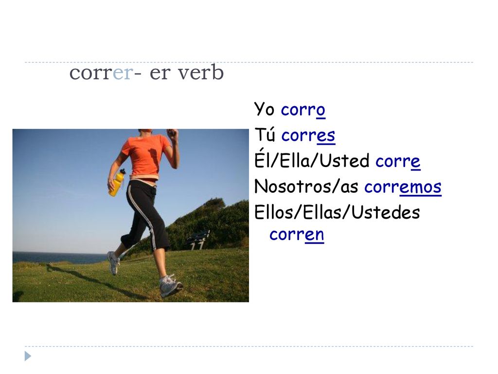 correr- er verb Yo corro Tú corres Él/Ella/Usted corre