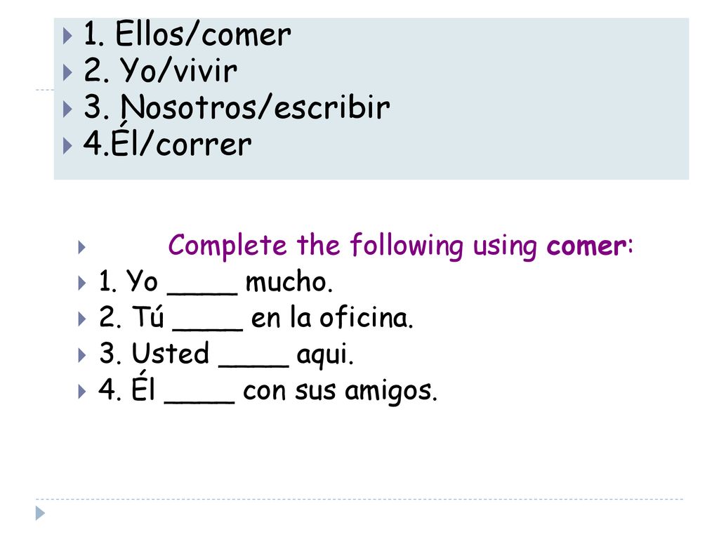 . 1. Ellos/comer 2. Yo/vivir 3. Nosotros/escribir 4.Él/correr