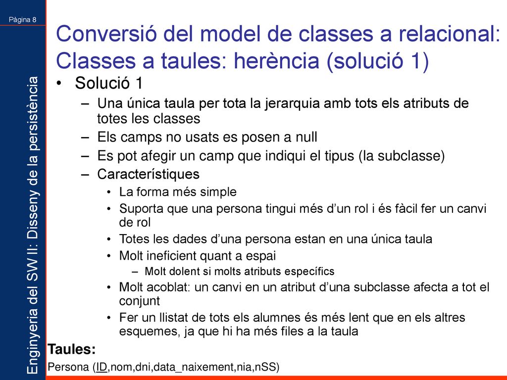 Conversió del model de classes a relacional: Classes a taules: herència (solució 1)