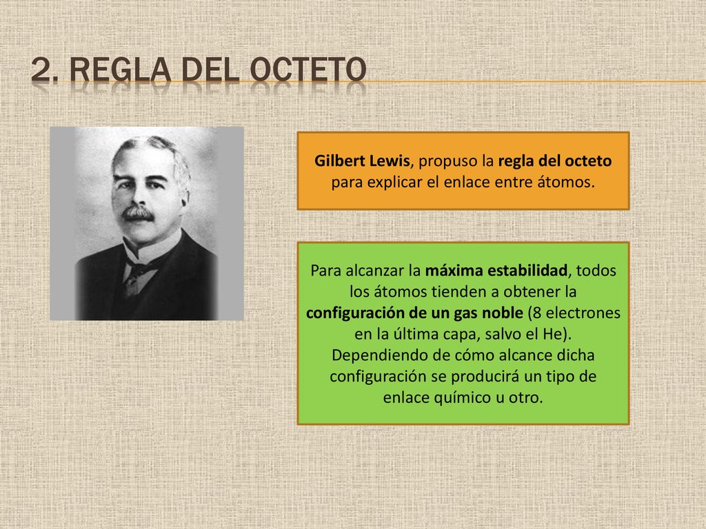 2. Regla del octeto Gilbert Lewis, propuso la regla del octeto para explicar el enlace entre átomos.