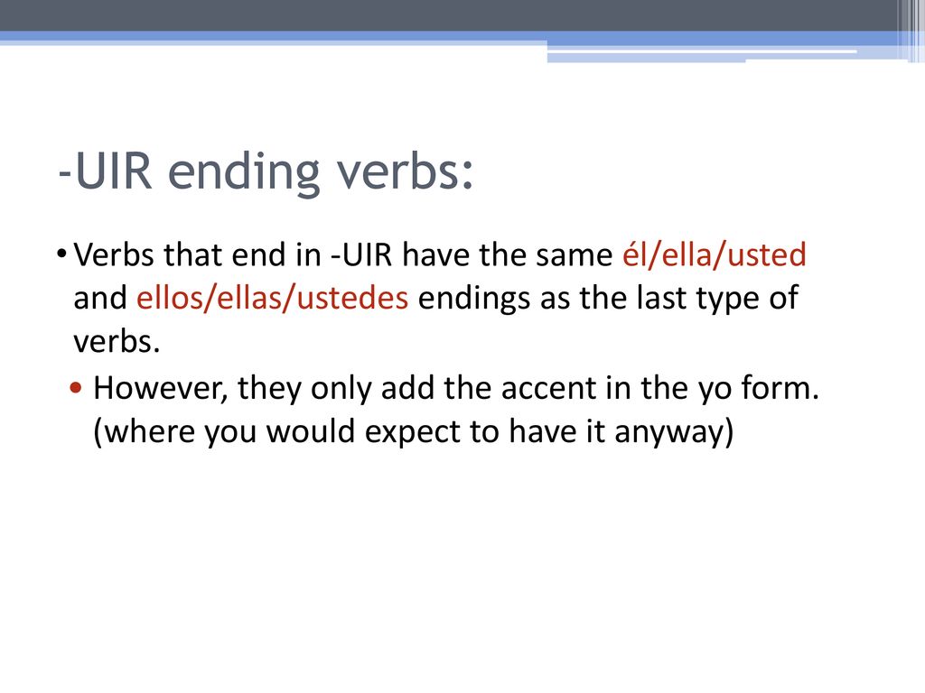 -UIR ending verbs: Verbs that end in -UIR have the same él/ella/usted and ellos/ellas/ustedes endings as the last type of verbs.