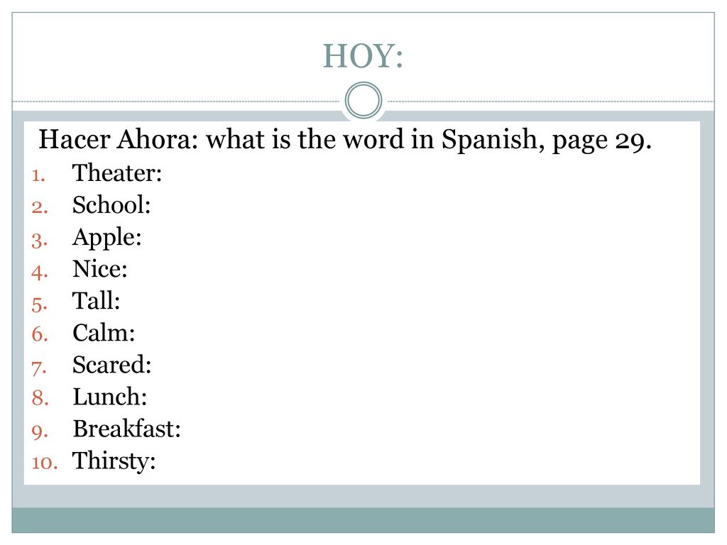 HOY: Hacer Ahora: what is the word in Spanish, page 29. Theater: