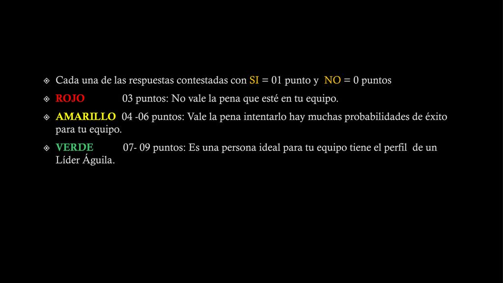 Cada una de las respuestas contestadas con SI = 01 punto y NO = 0 puntos