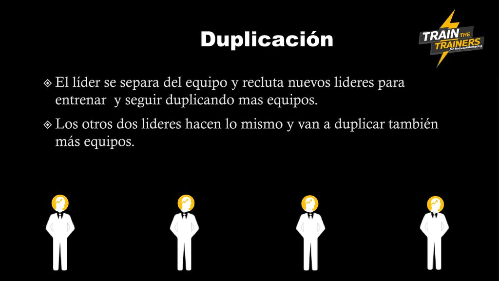 Duplicación El líder se separa del equipo y recluta nuevos lideres para entrenar y seguir duplicando mas equipos.