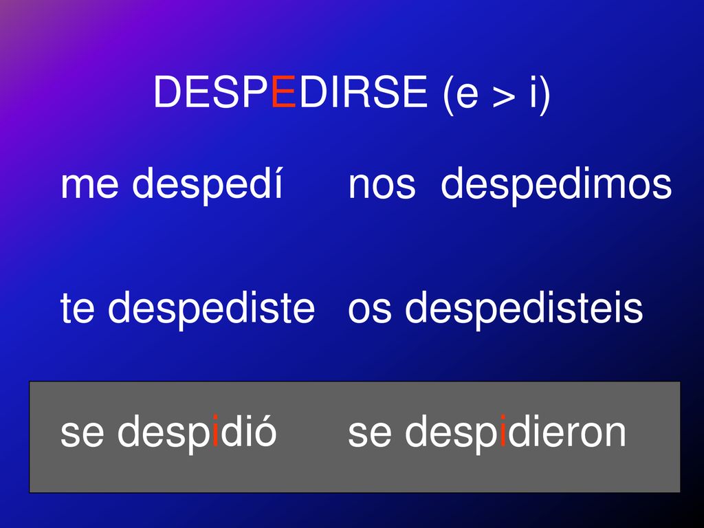 DESPEDIRSE (e > i) me despedí. te despediste. se despidió.
