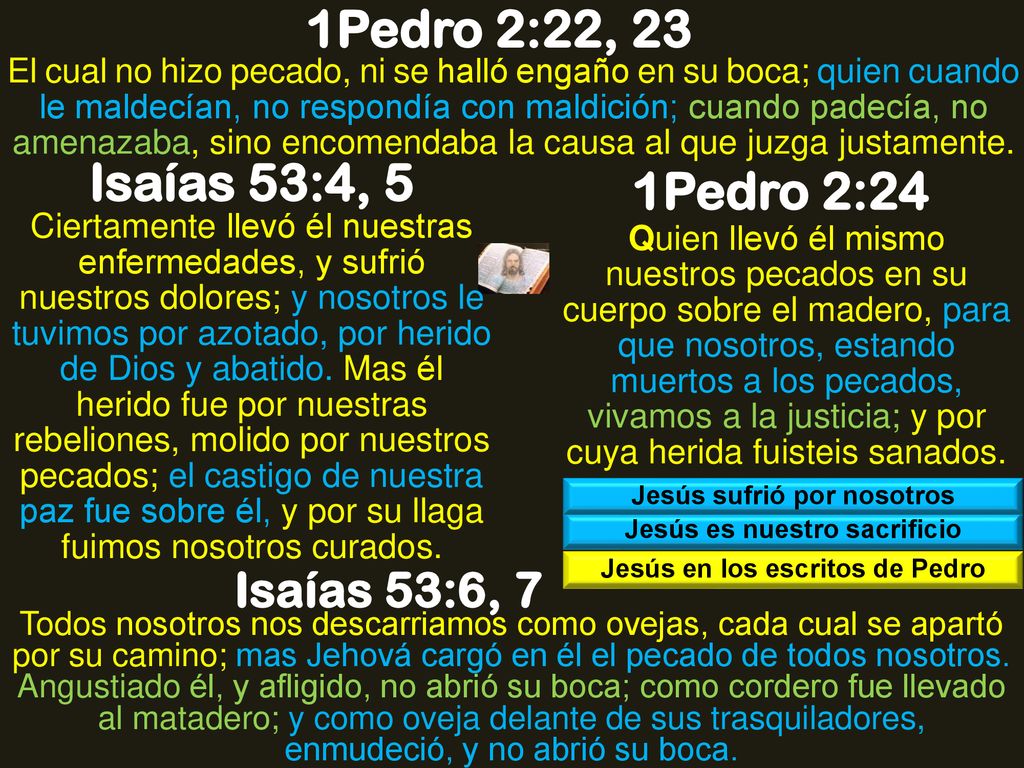 1Pedro 2:22, 23 Isaías 53:4, 5 1Pedro 2:24 Isaías 53:6, 7
