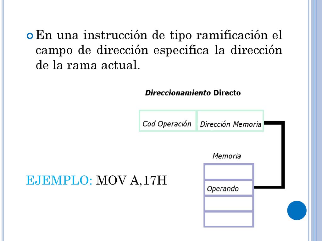 En una instrucción de tipo ramificación el campo de dirección especifica la dirección de la rama actual.
