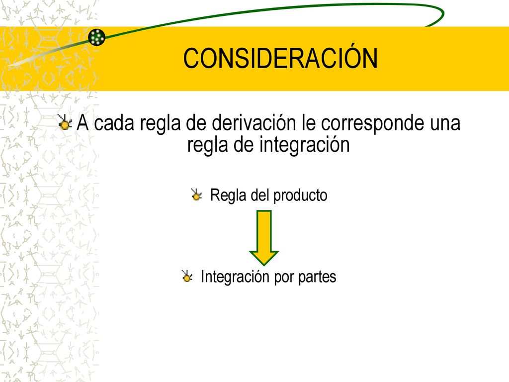 CONSIDERACIÓN A cada regla de derivación le corresponde una regla de integración. Regla del producto.