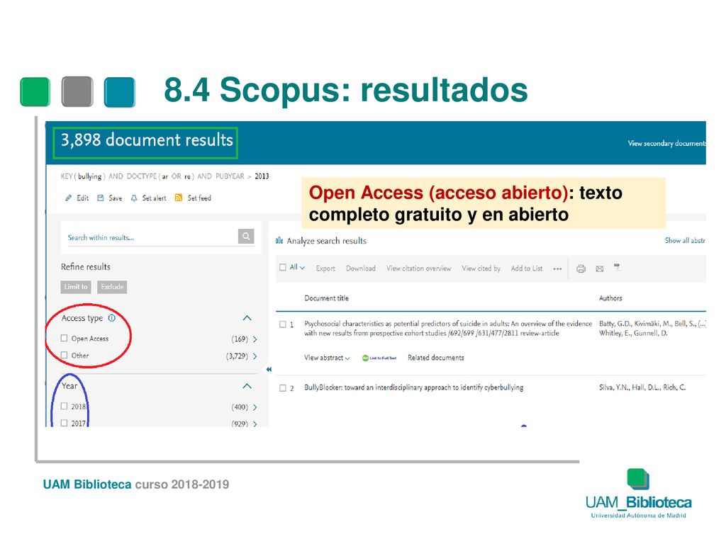 8.4 Scopus: resultados Open Access (acceso abierto): texto completo gratuito y en abierto.