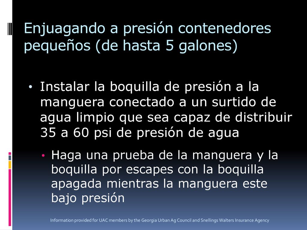 Enjuagando a presión contenedores pequeños (de hasta 5 galones)