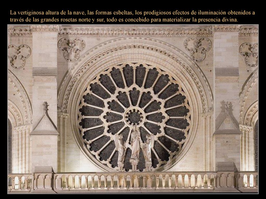 La vertiginosa altura de la nave, las formas esbeltas, los prodigiosos efectos de iluminación obtenidos a través de las grandes rosetas norte y sur, todo es concebido para materializar la presencia divina.
