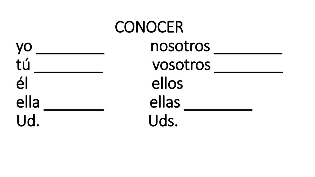 CONOCER yo ________ nosotros ________ tú ________ vosotros ________ él ellos ella _______ ellas ________ Ud. Uds.
