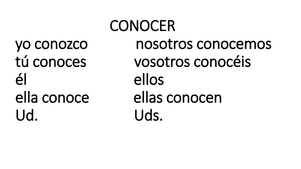 CONOCER yo conozco nosotros conocemos tú conoces vosotros conocéis él ellos ella conoce ellas conocen Ud. Uds.