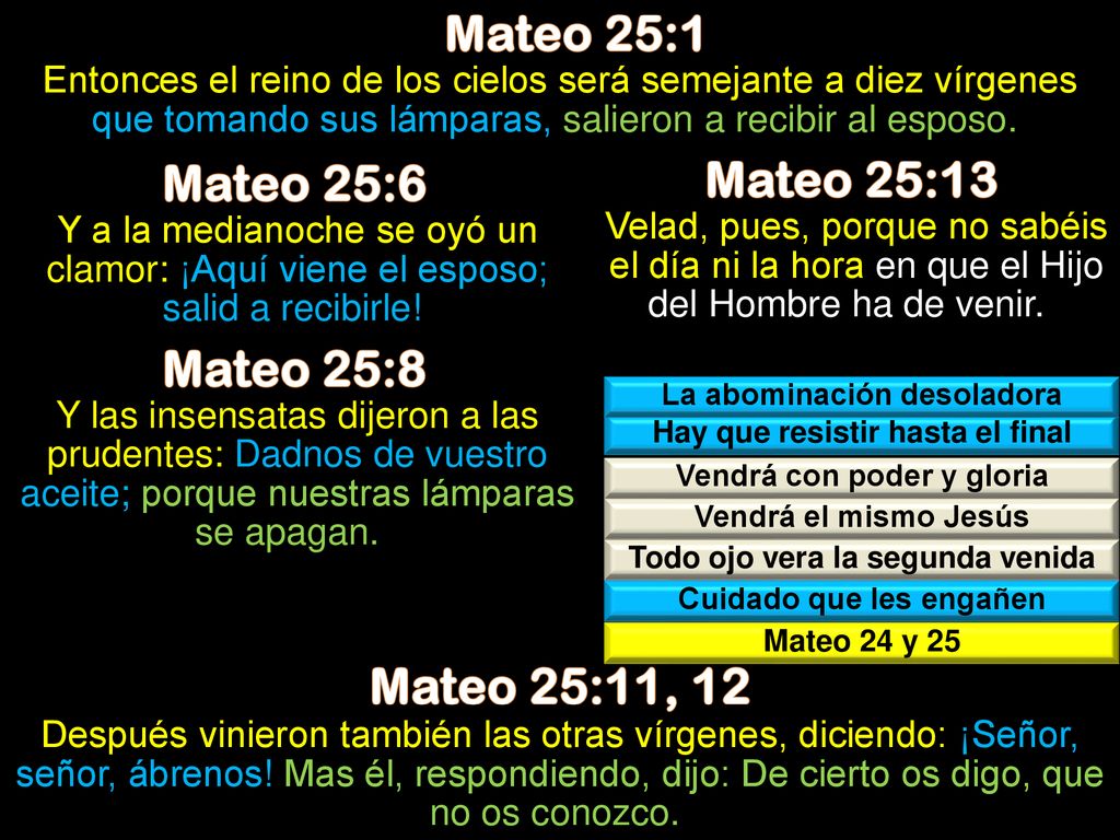 Mateo 25:1 Mateo 25:6 Mateo 25:13 Mateo 25:8 Mateo 25:11, 12