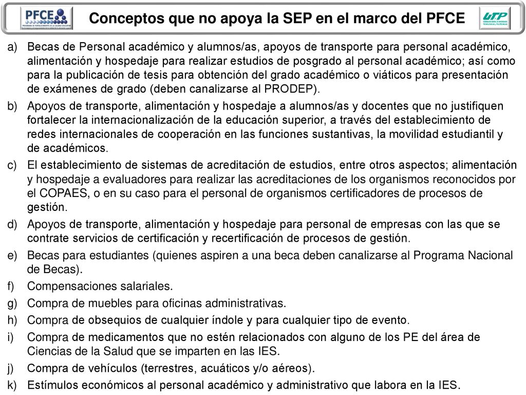 Conceptos que no apoya la SEP en el marco del PFCE