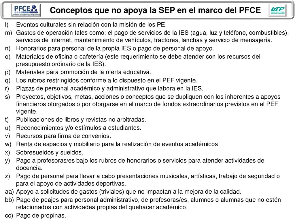 Conceptos que no apoya la SEP en el marco del PFCE