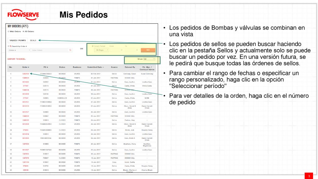 Mis Pedidos Los pedidos de Bombas y válvulas se combinan en una vista