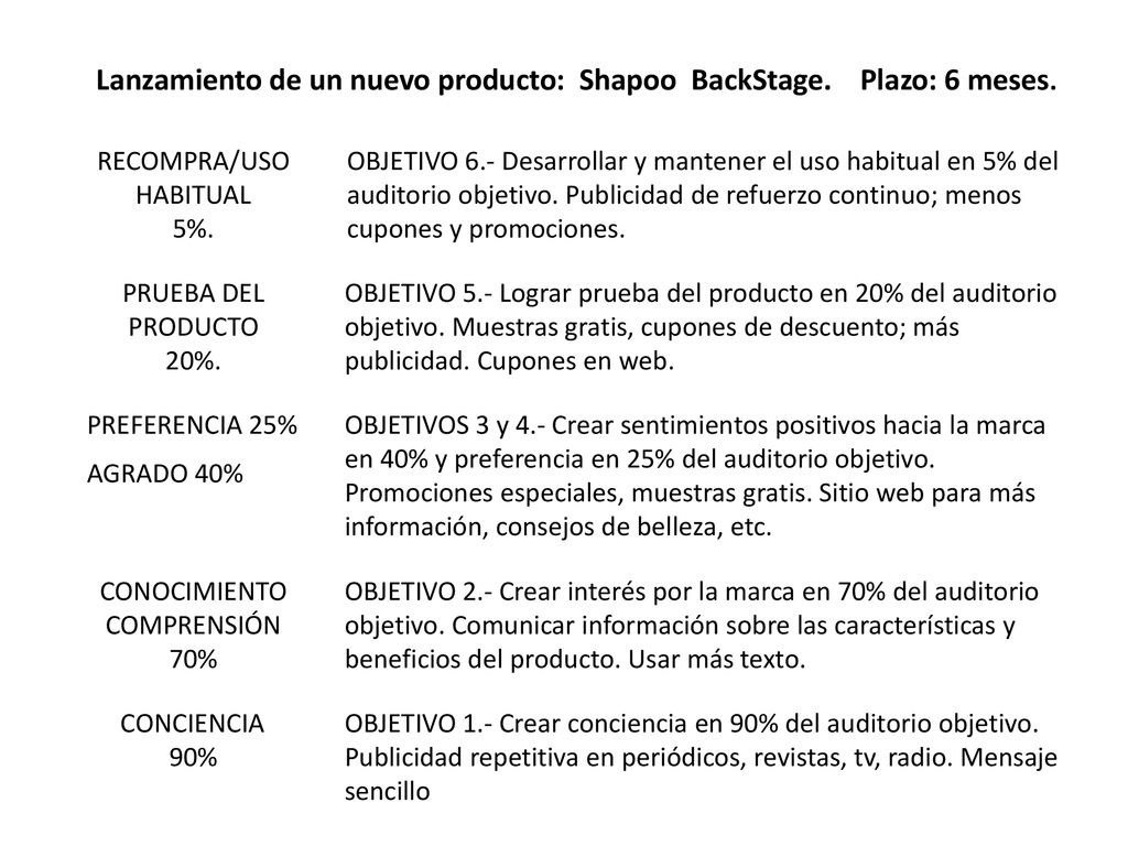 Lanzamiento de un nuevo producto: Shapoo BackStage. Plazo: 6 meses.