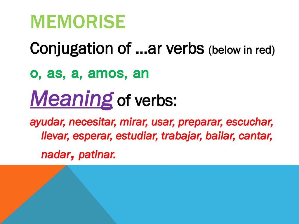 Meaning of verbs: memorise Conjugation of …ar verbs (below in red)