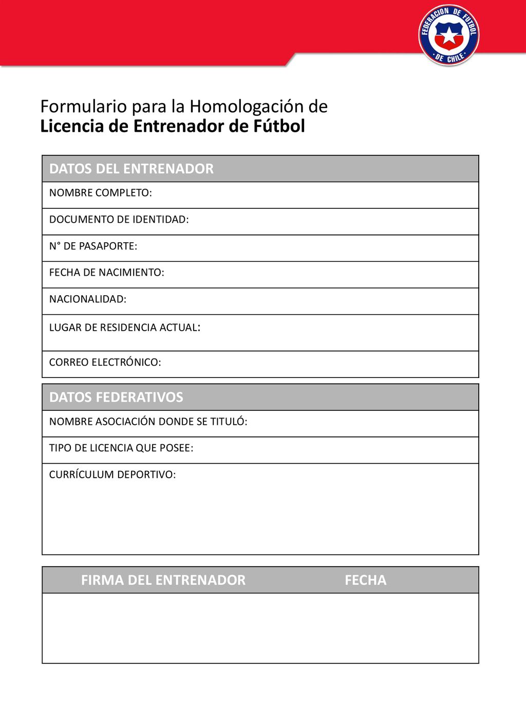 Formulario para la Homologación de Licencia de Entrenador de Fútbol