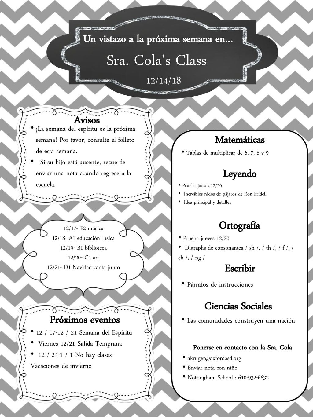Sra. Cola s Class Un vistazo a la próxima semana en… 12/14/18 Avisos