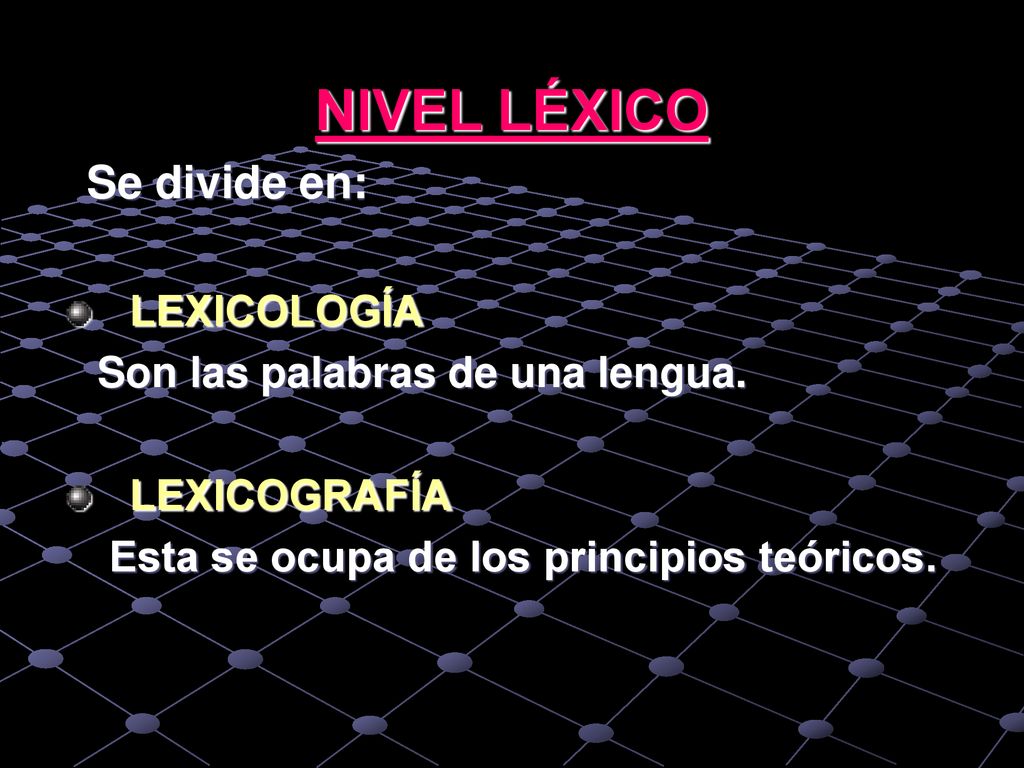 NIVEL LÉXICO Se divide en: LEXICOLOGÍA Son las palabras de una lengua.