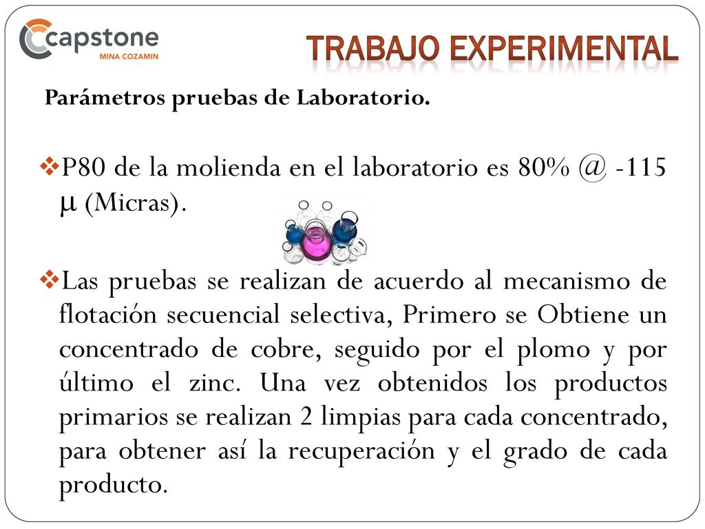 TRABAJO EXPERIMENTAL Parámetros pruebas de Laboratorio. P80 de la molienda en el laboratorio es -115 m (Micras).