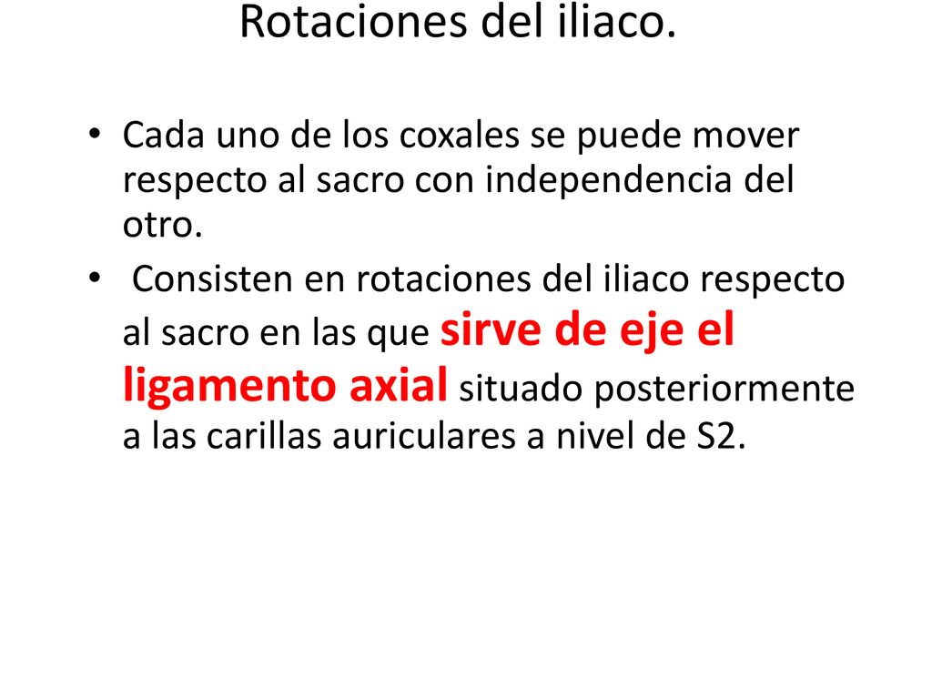 Rotaciones del iliaco. Cada uno de los coxales se puede mover respecto al sacro con independencia del otro.