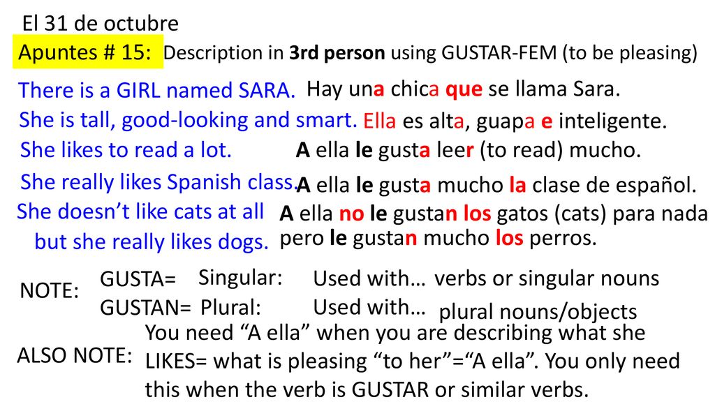 El 31 de octubre Description in 3rd person using GUSTAR-FEM (to be pleasing) Apuntes # 15: There is a GIRL named SARA.