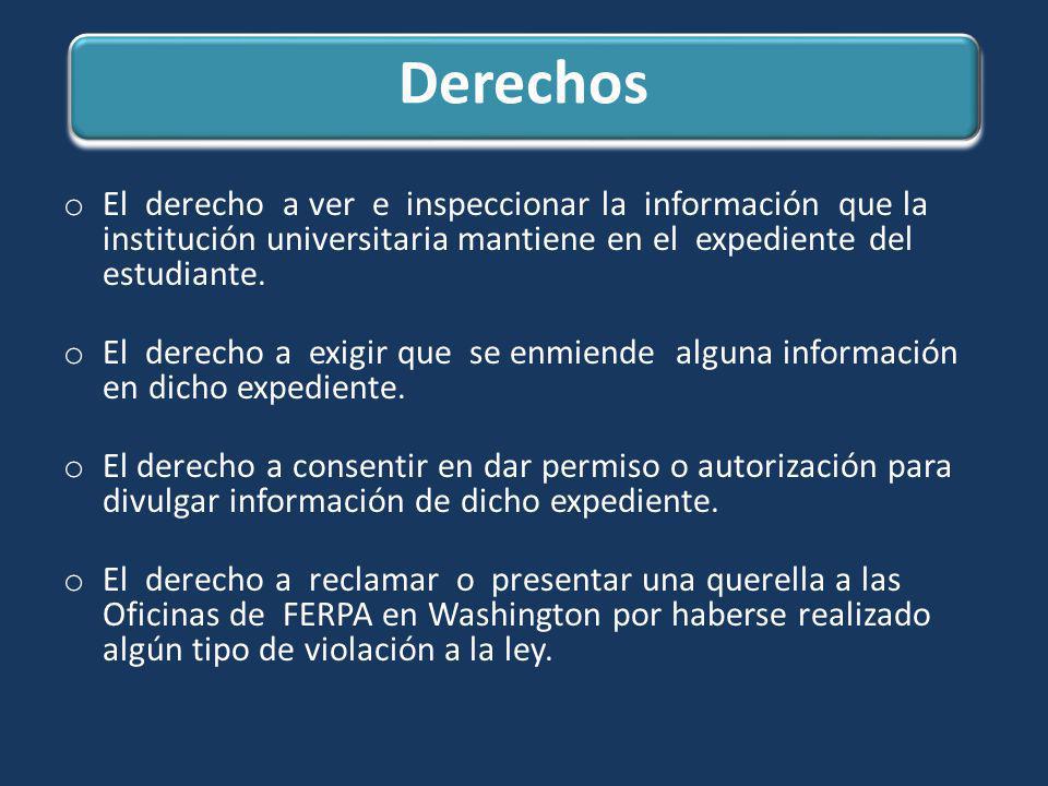 Derechos El derecho a ver e inspeccionar la información que la institución universitaria mantiene en el expediente del estudiante.
