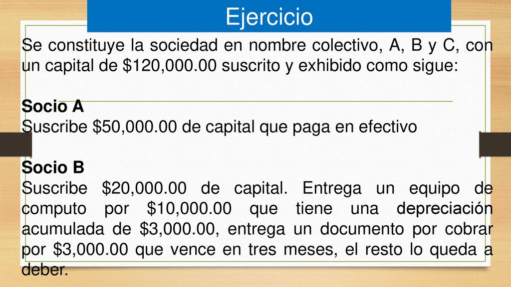 Ejercicio Se constituye la sociedad en nombre colectivo, A, B y C, con un capital de $120, suscrito y exhibido como sigue: