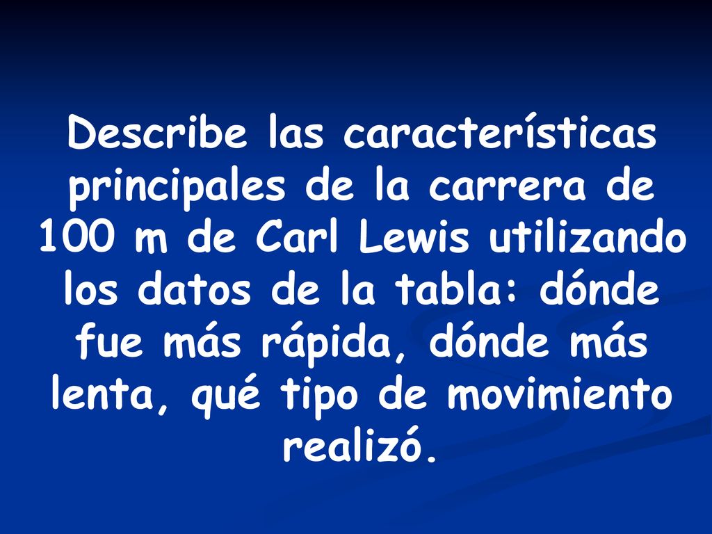 Describe las características principales de la carrera de 100 m de Carl Lewis utilizando los datos de la tabla: dónde fue más rápida, dónde más lenta, qué tipo de movimiento realizó.
