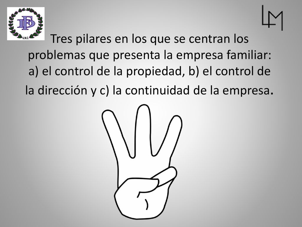 Tres pilares en los que se centran los problemas que presenta la empresa familiar: a) el control de la propiedad, b) el control de la dirección y c) la continuidad de la empresa.