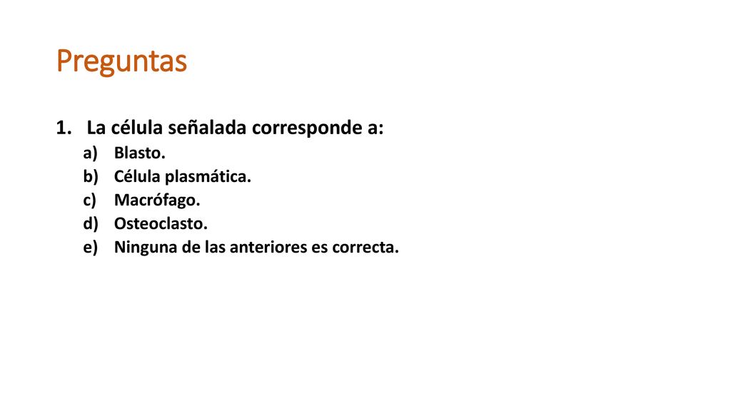 Preguntas La célula señalada corresponde a: Blasto. Célula plasmática.