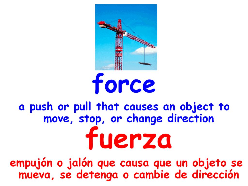 force a push or pull that causes an object to move, stop, or change direction fuerza.