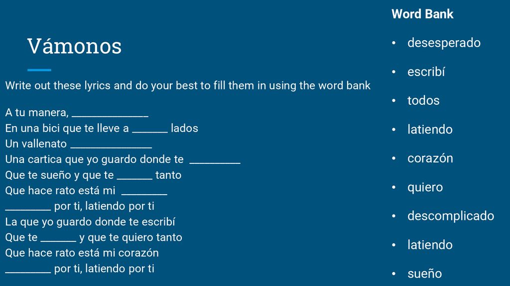 Vámonos Word Bank desesperado escribí todos latiendo corazón quiero