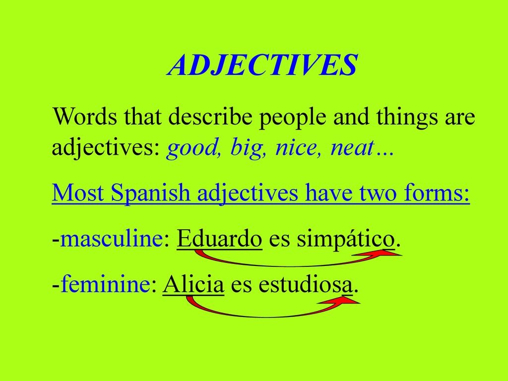 ADJECTIVES Words that describe people and things are adjectives: good, big, nice, neat… Most Spanish adjectives have two forms:
