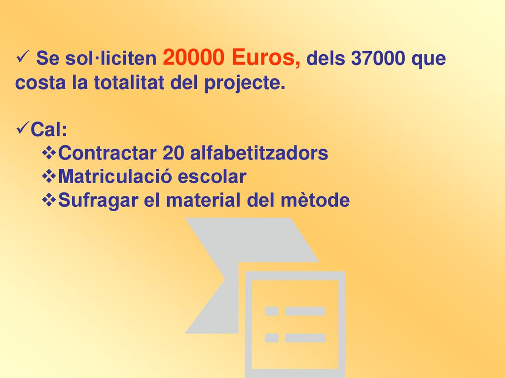 Se sol·liciten Euros, dels que costa la totalitat del projecte.