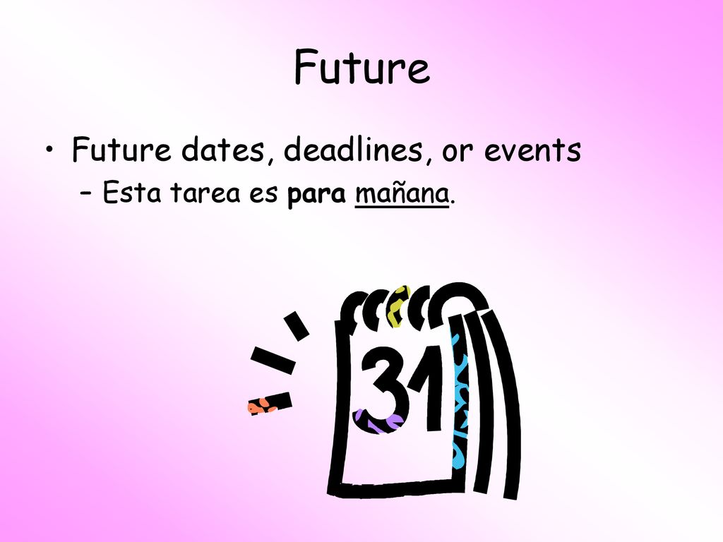 Future Future dates, deadlines, or events Esta tarea es para mañana.