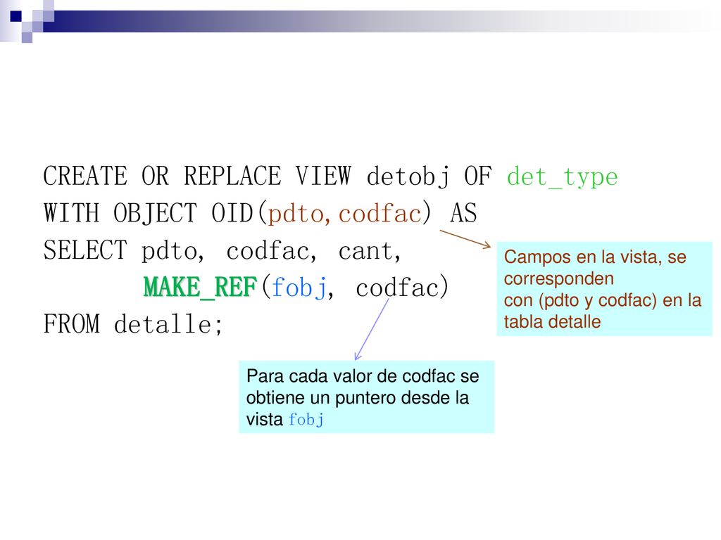 CREATE OR REPLACE VIEW detobj OF det_type WITH OBJECT OID(pdto,codfac) AS SELECT pdto, codfac, cant, MAKE_REF(fobj, codfac) FROM detalle;