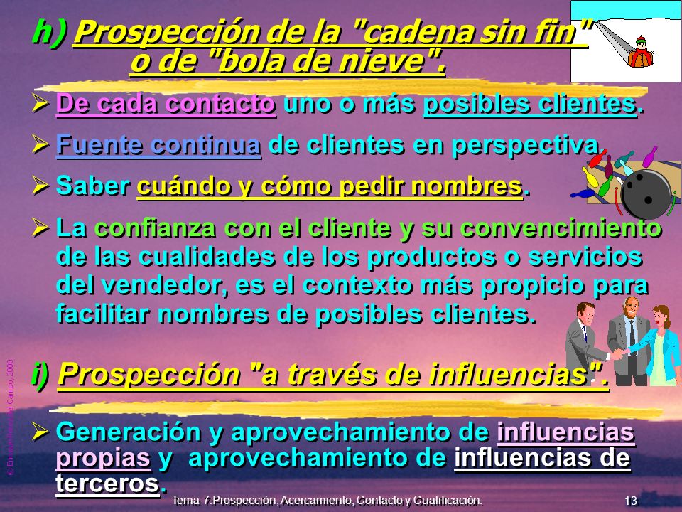 h) Prospección de la cadena sin fin o de bola de nieve .