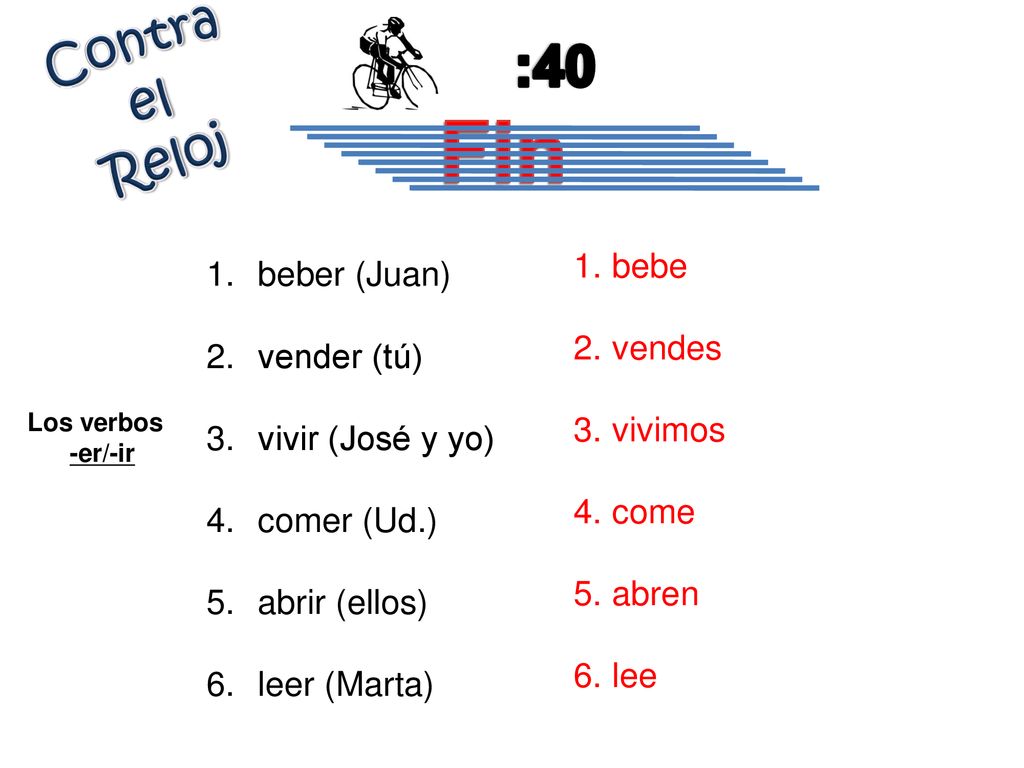 Fin :40 Contra el Reloj bebe beber (Juan) vendes vender (tú) vivimos