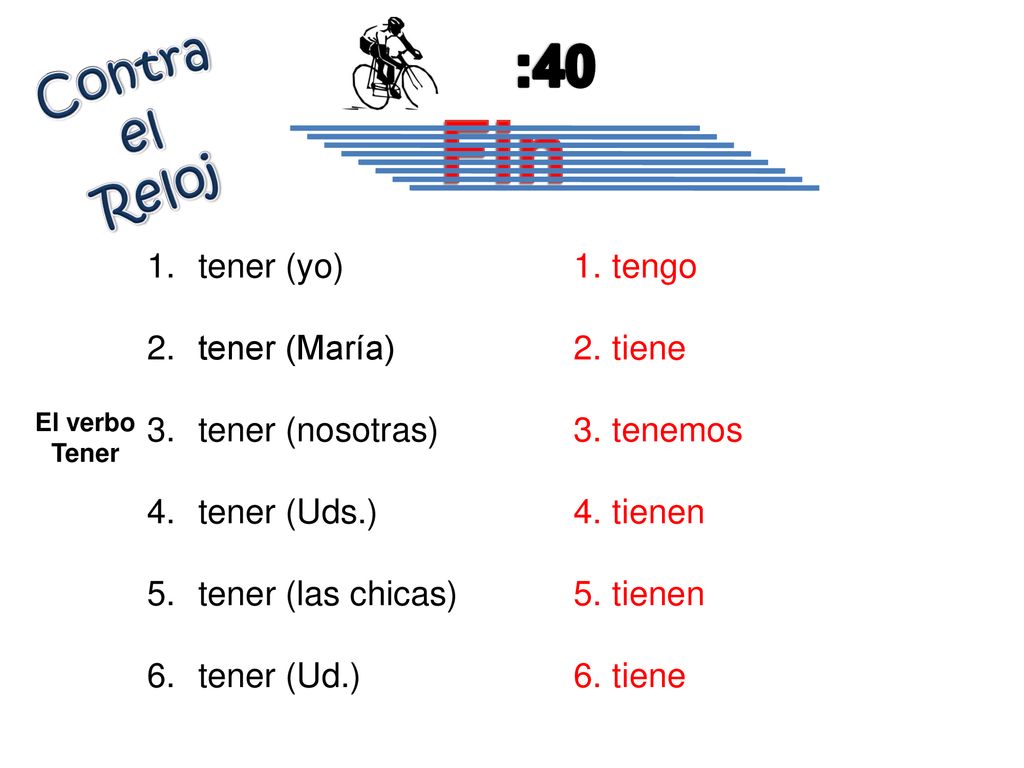 Fin :40 Contra el Reloj tener (yo) tener (María) tener (nosotras)