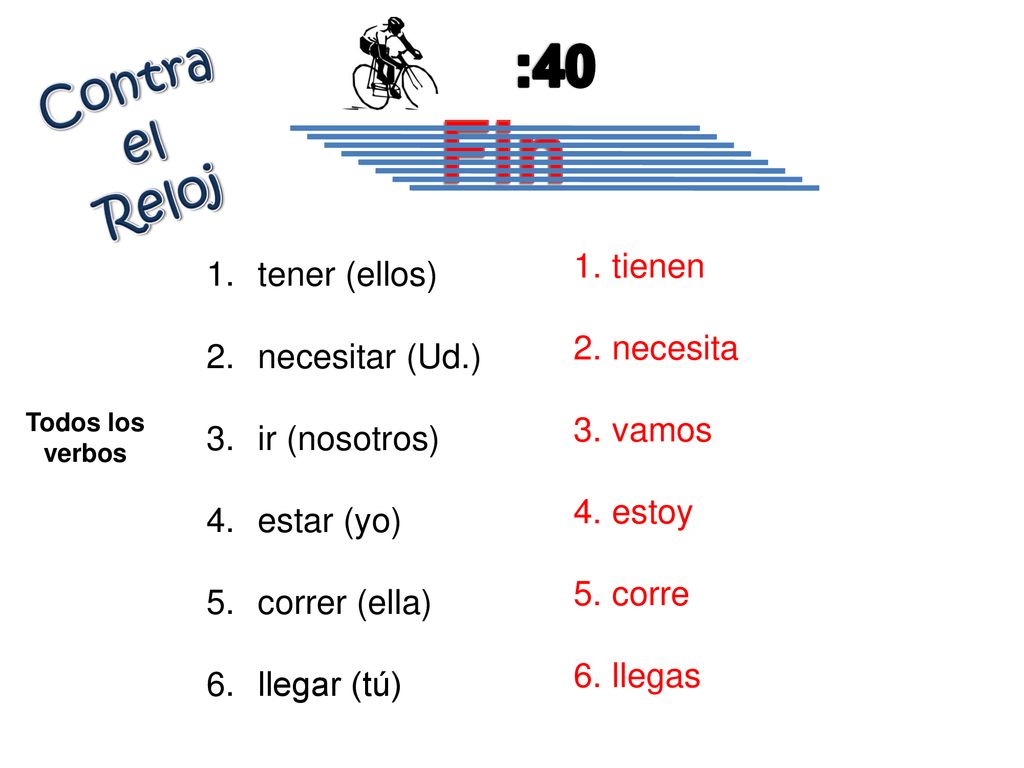 Fin :40 Contra el Reloj tienen tener (ellos) necesita necesitar (Ud.)
