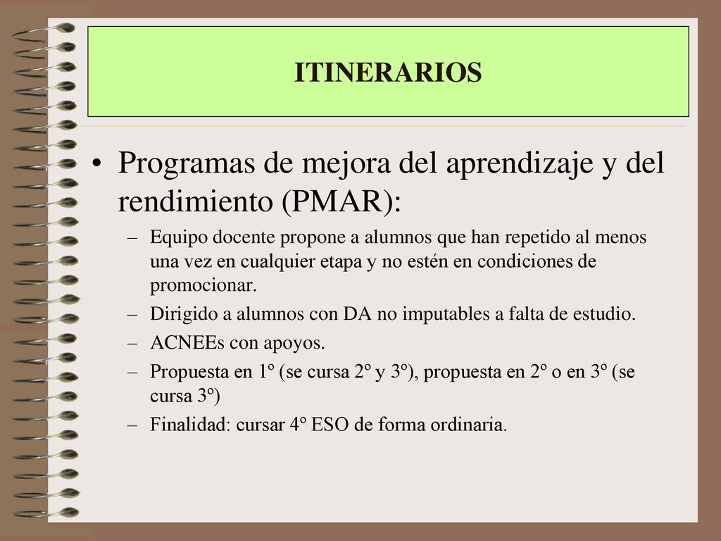 ITINERARIOS Itinerarios. Programas de mejora del aprendizaje y del rendimiento (PMAR):