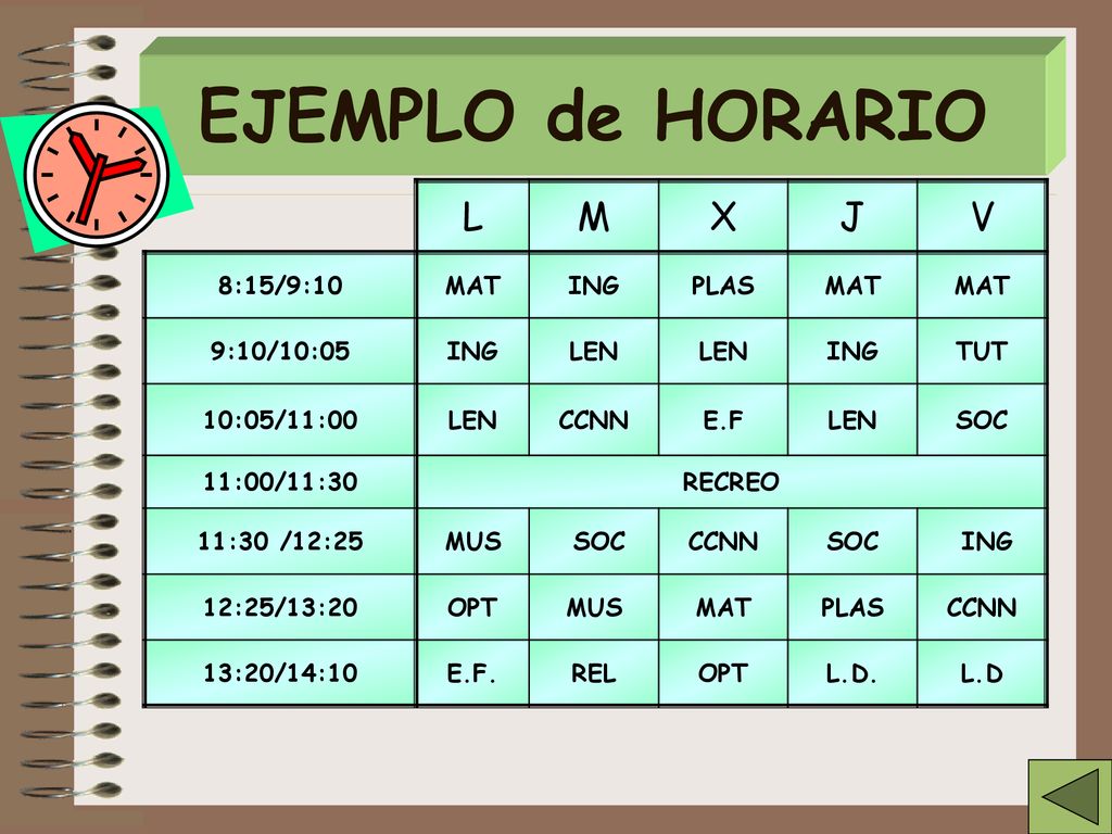 EJEMPLO de HORARIO L M X J V 8:15/9:10 MAT ING PLAS 9:10/10:05 LEN TUT