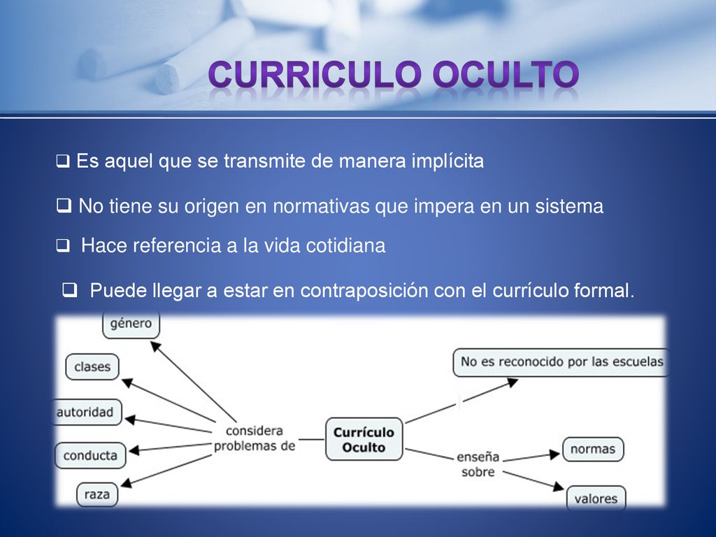CURRICULO oculto Es aquel que se transmite de manera implícita. No tiene su origen en normativas que impera en un sistema.