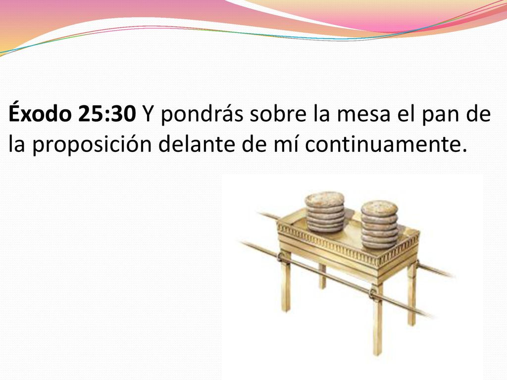 Éxodo 25:30 Y pondrás sobre la mesa el pan de la proposición delante de mí continuamente.